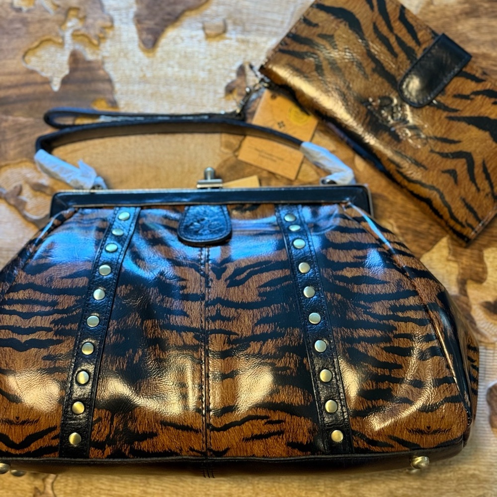 Patricia Nash Black and Brown Satchel in Tiger Print- Matching Wallet